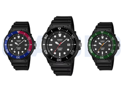 From left to right, pictured: Casio MRW-240H-1E1JF, MRW-240H-1E2JF, and MRW-240H-1E3JF. 