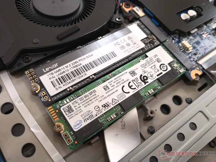 Lexar NM610 SSD sitting next to the primary Intel 660p SSD inside our Walmart EVOO Gaming 17 host system
