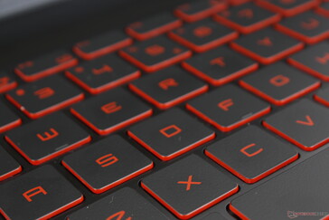 Single-zone red backlighting. All key symbols are lit including the secondary icons. Users must upgrade to higher-end GE/GS/GT models for RGB options