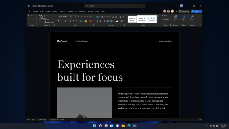 The new Office is integrated with Windows 11 system settings including dark mode. (Image: Microsoft)