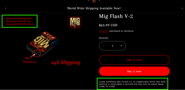 migflashunited.com claims compatibility with the Switch 2 in two different locations on its product page, despite other sites making no such claim (Image Source: migflashunited.com)