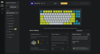Wootility v5 greets you with a start page where you can change the basic settings of the Wooting 80HE, while more options are available in the sidebar. (Image source: Julian van der Merwe / Notebookcheck)