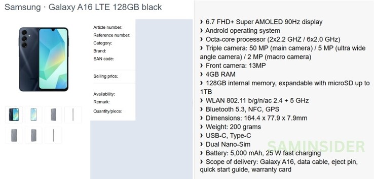 An allegedly full spec break-down for the Galaxy A16...