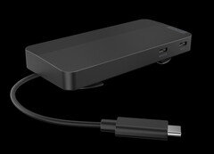 The USB-C Dual Display Travel Dock can recharge a laptop at up to 100 W with a compatible power supply. (Image source: Lenovo)