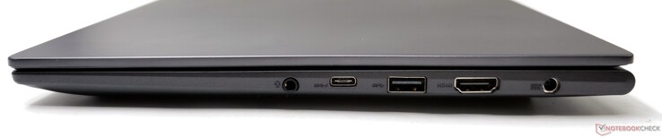 Right: 3.5 mm combo audio jack, USB 3.2 Gen2 Type-C (Power Delivery/DisplayPort), USB 3.2 Gen1 Type-A, HDMI 2.1 TMDS-out, DC-in