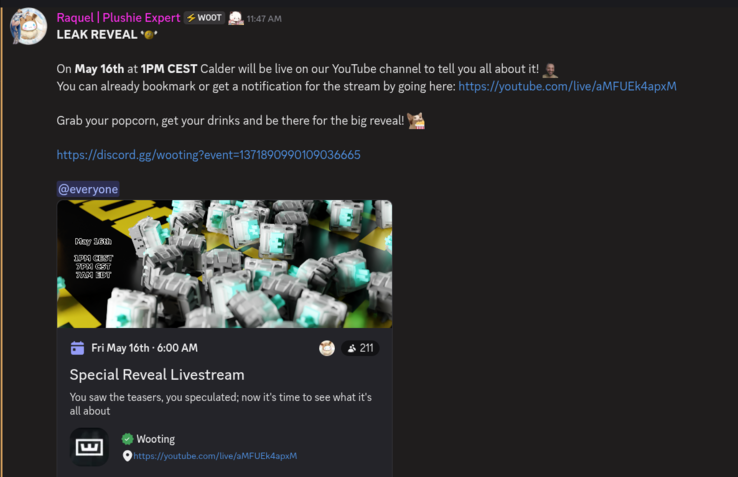 Wooting Discord announcement for May 16 livestream launch