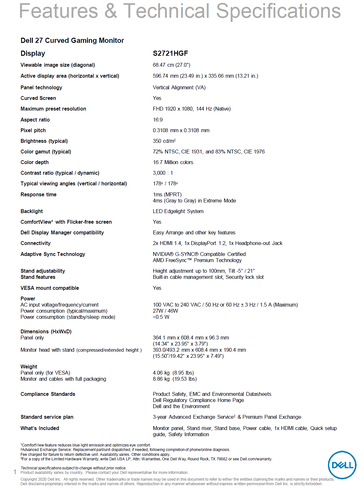 Dell 27 Curved Gaming Monitor S2721HGF - Specifications. (Source: Dell)