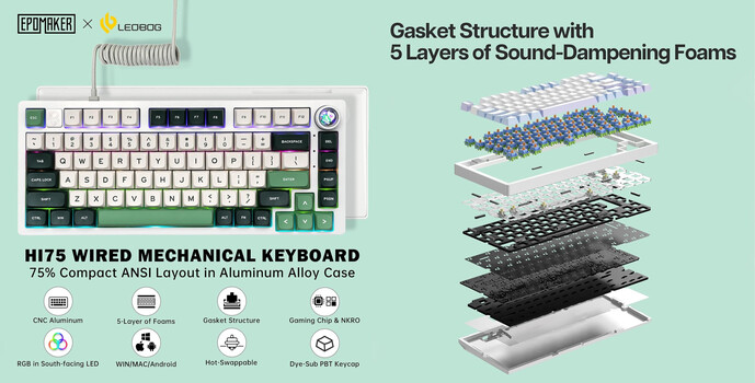 The Epomaker X Leobog Hi75 features a reprogrammable knob and is available in a black, green, and white colour scheme. (Image source: Epomaker)