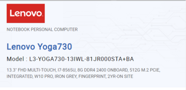 Lenovo Yoga 730 entry. (Source: Synnex)