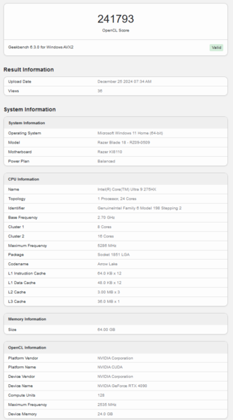 Razer Blade 18 Geekbench listing (image source: Geekbench)