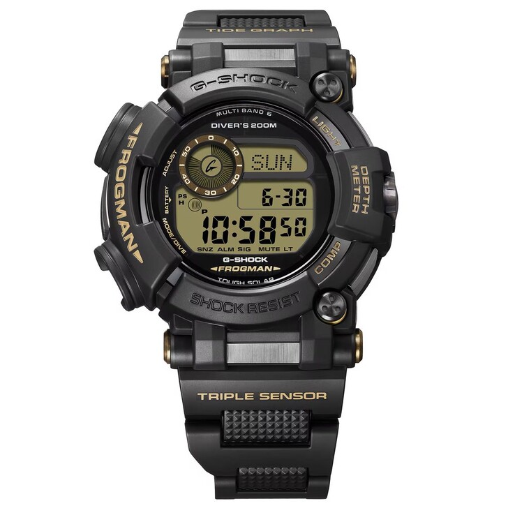 Casio G-Shock Frogman GWF-D1000BC-1JF with an all-black case, tan accents, and a composite metal-and-resin band.