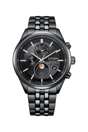 Citizen BY1035-56E Eco-Drive moonphase watch with an all-black stainless steel case and bracelet, black dial, analog moonphase display, dual subdials, and date window.