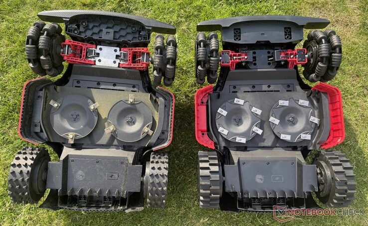 The Dreame A3 AWD Pro (left) has the more robust front suspension, while the Mova LiDAX Ultra AWD (right) has twice as many blades