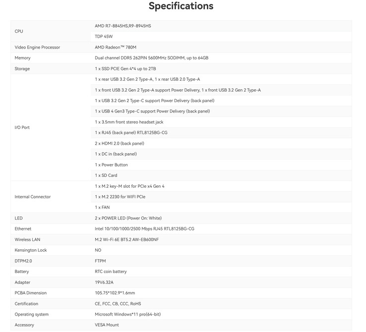 Full specs of the mini PC (Image source: Geekom)