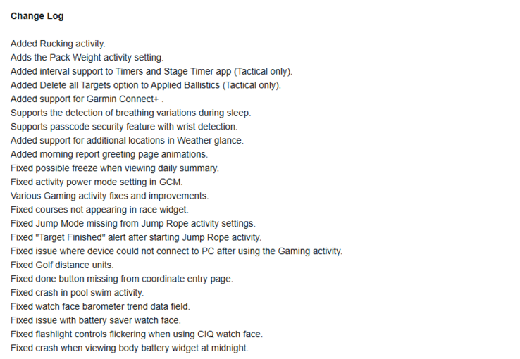 The version 9.20 release notes for the Garmin Instinct 3 AMOLED smartwatch. (Image source: Garmin)