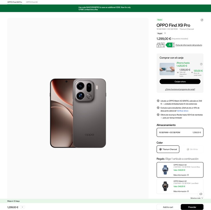 In Spain, buyers get a €120 discount on the Oppo Find X9 Pro and a free Oppo Watch X2.