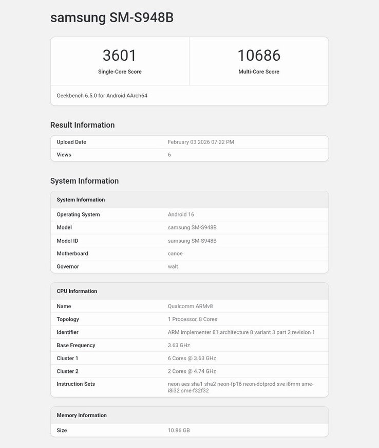 Samsung Galaxy S26 Ultra Geekbench result.