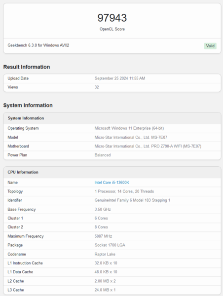 Intel Battlemage GPU Geekbench performance (image source: Geekbench)