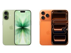 Side-by-side image of the green iPhone 17 with dual cameras and the orange iPhone 17 Pro with triple cameras. (Image source: Apple)
