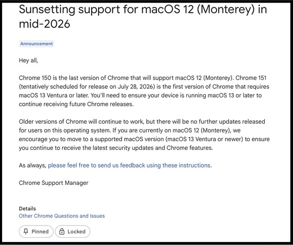 Chrome 150 will be the last version of Google Chrome to support macOS Monterey.  (Image source: Google)