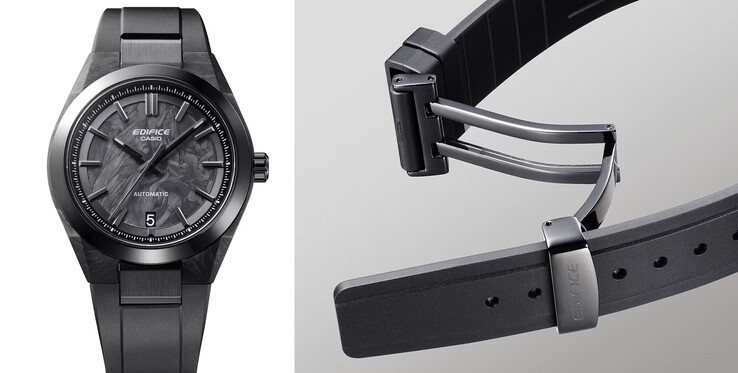 The EFK-100XPB-1AJF uses a carbon fiber case and resin band to drop the watch weight to just 87 grams (3.1 oz.). (Image source: Casio Japan)