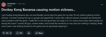 Reddit post #1 on Donkey Kong Bananza motion sickness (Image source: screenshot, Nintendo subreddit)