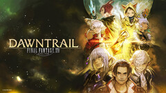 Final Fantasy XIV Dawntrail promotional artwork featuring characters from the Square Enix MMORPG.