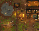 RimWorld gameplay screenshot showing a colony under attack, with fires, animals and buildings.
