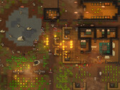 RimWorld gameplay screenshot showing a colony under attack, with fires, animals and buildings.
