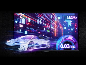 Promotional image of Odyssey OLED G5 gaming monitor showing 180 Hz refresh rate and 0.03 ms response time.