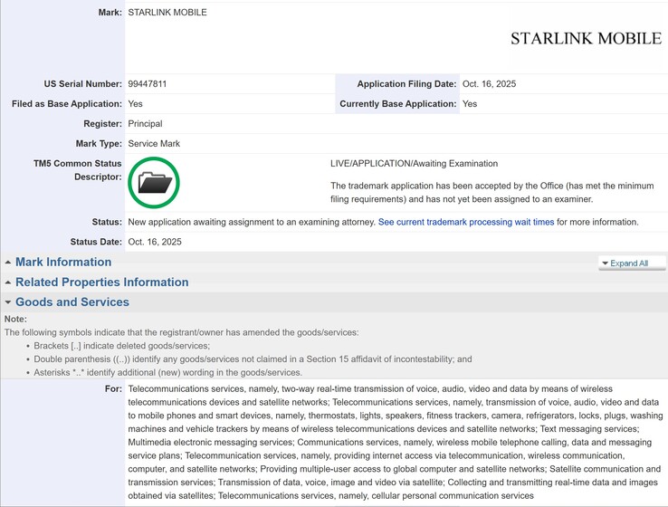 Starlink Mobile carrier service trademark. (Image source: USPTO)