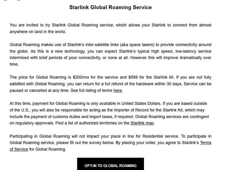SpaceX's new Starlink Global Roaming service memo