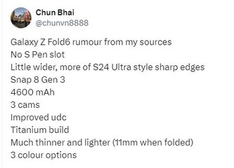 Upcoming Galaxy Z Fold 6 leaks hint at incremental upgrades. (Source: Chun Bhai via Twitter)
