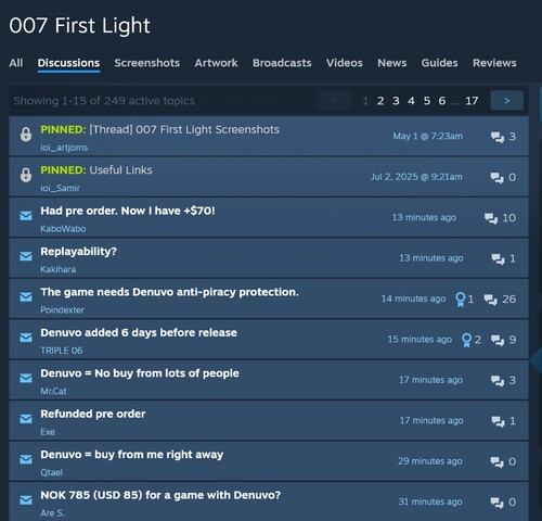 Denuvo complaints in 007 First Light Steam forum