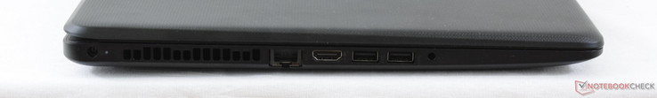 Left: AC adapter, Gigabit RJ-45, HDMI, 2x USB 3.0, 3.5 mm combo