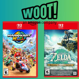 Mario Kart World and The Legend of Zelda: Tears of the Kingdom retail boxes with Woot logo (Image source: Amazon, Woot with edits)