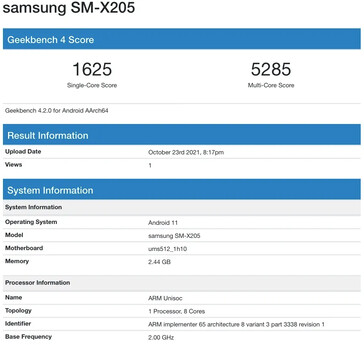 The putative Galaxy Tab A8 appears on Geekbench. (Source: Geekbench via 91Mobiles)