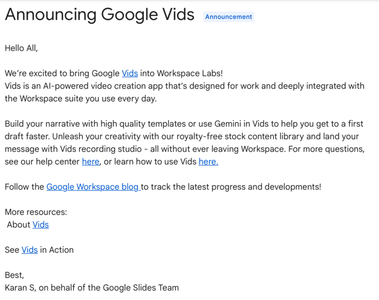 The announcement from earlier today, regarding Google Vids launching in Workspace Labs. (Source: Google Support)