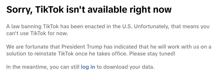 Screen capture of notice by TikTok after US ban took effect. (Image source: TikTok)