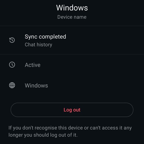 Detail view of a linked WhatsApp device showing the device name, its status and a red log out button