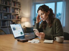 A woman at a desk looks at her smartphone; next to it are a laptop, receipts, and a notepad