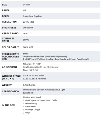 Lenovo ThinkVision M14T Gen 2 - Specifications. (Image Source: Lenovo)