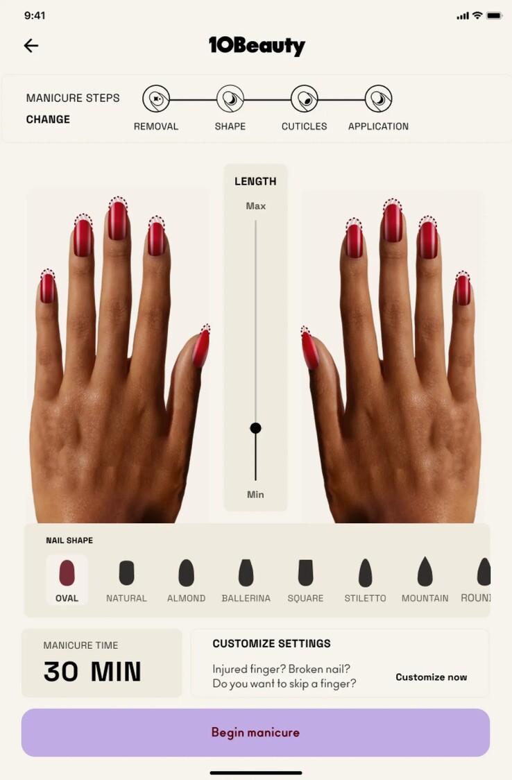All aspects of a 10Beauty manicure including cut length, tip shape, and more can be customized. (Source: 10Beauty)