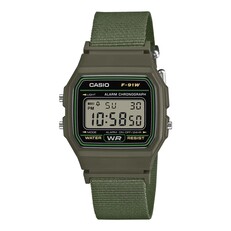 Casio F-91WF-1A digital watch with a olive green case and matching woven fabric strap.