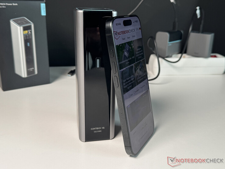 Cuktech 15 Ultra in size comparison with an iPhone 16 Pro