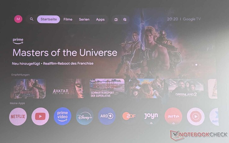 Google TV interface of the Etoe Dolphin 2 (slightly dimmed room with a window on the right, high-contrast screen)