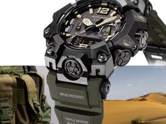 Close-up of the Casio G-Shock Mudmaster GWG-B1000-1A3 showing its black case, tan dial accents, olive green band, rugged protective guards, and Triple Sensor labeling, set against military gear and a desert landscape.