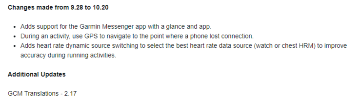 The change log for the Garmin vivoactive 5 update 10.20. (Image source: Garmin)