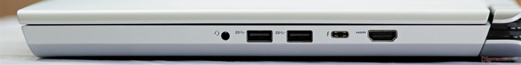 Right: headset jack, 2x USB 3.0, Thunderbolt 3, HDMI 1.4