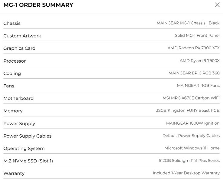 Maingear MG-1 US$3,681 build with AMD Ryzen 9 CPU and RX 7000 Series GPU (Source: Own)